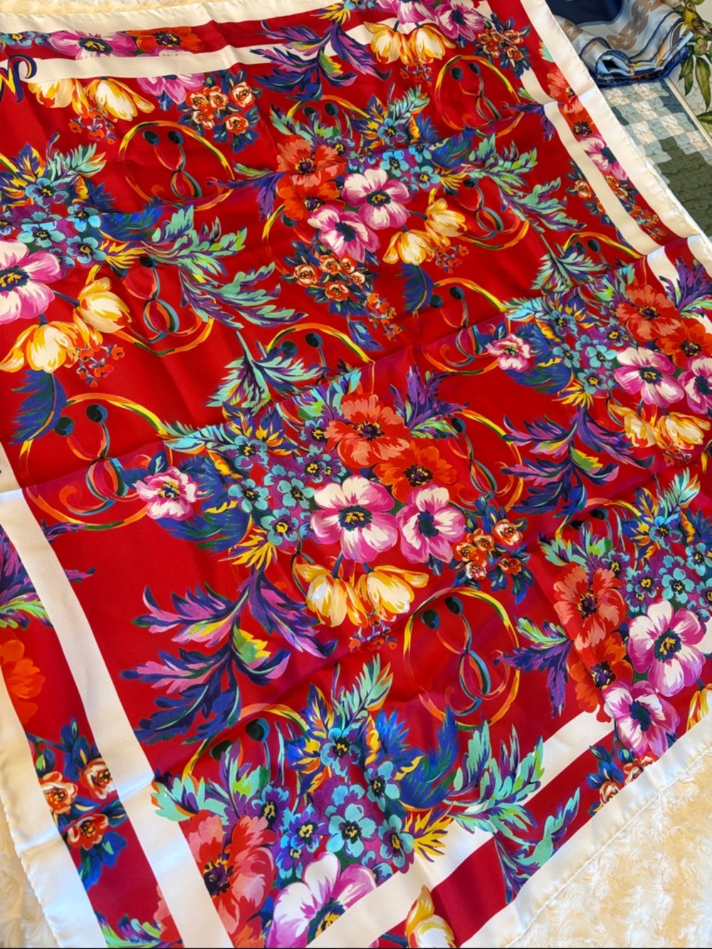 Moschino Red Floral Silk Scarf with Multicolor Botanicals NEW - Picture 2 of 8